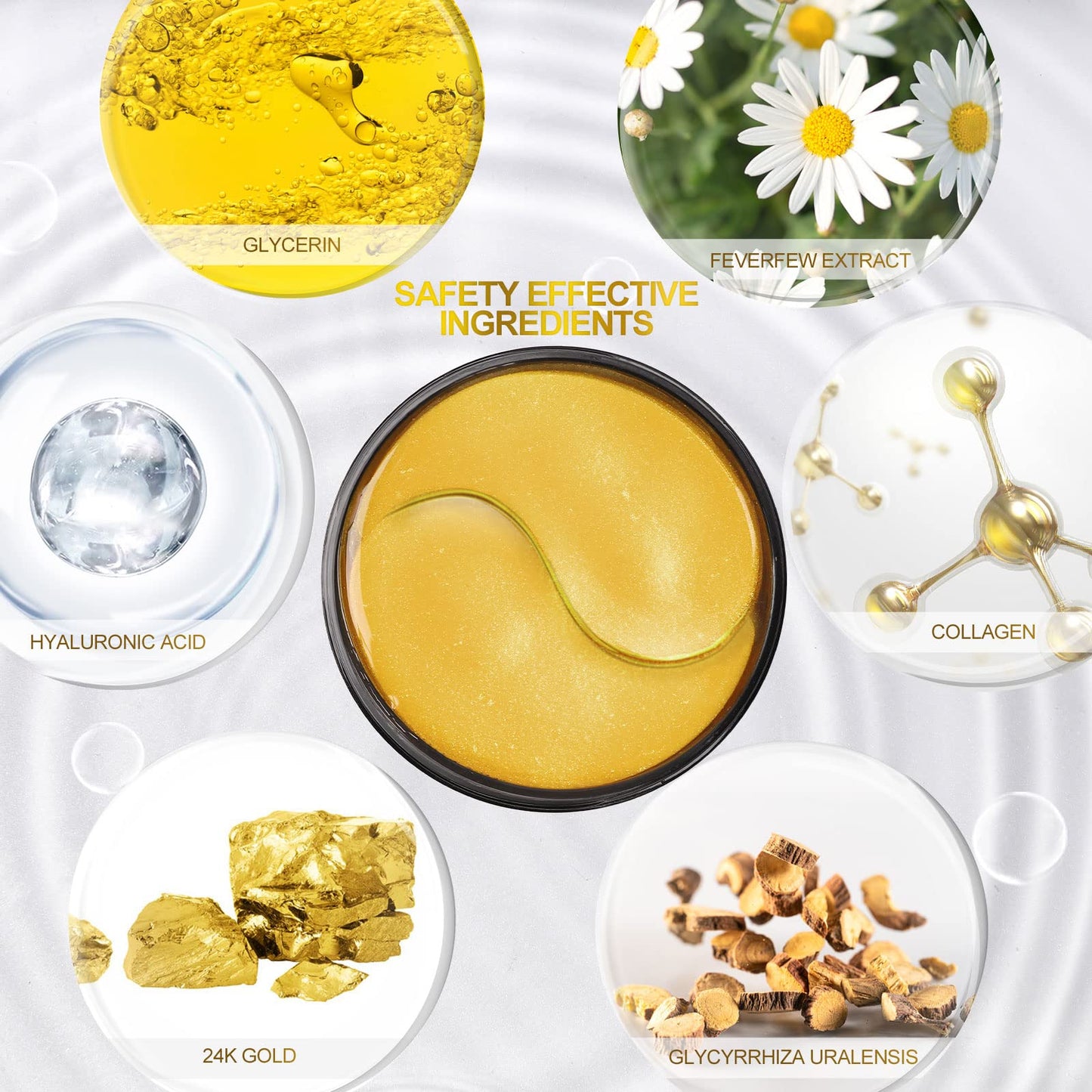 Fivewan 24k Gold Under Eye Patches - 60 Pcs Eye Mask Pure Gold Anti-Aging Collagen Hyaluronic Acid Under Eye Mask for Removing Dark Circles, Puffiness
