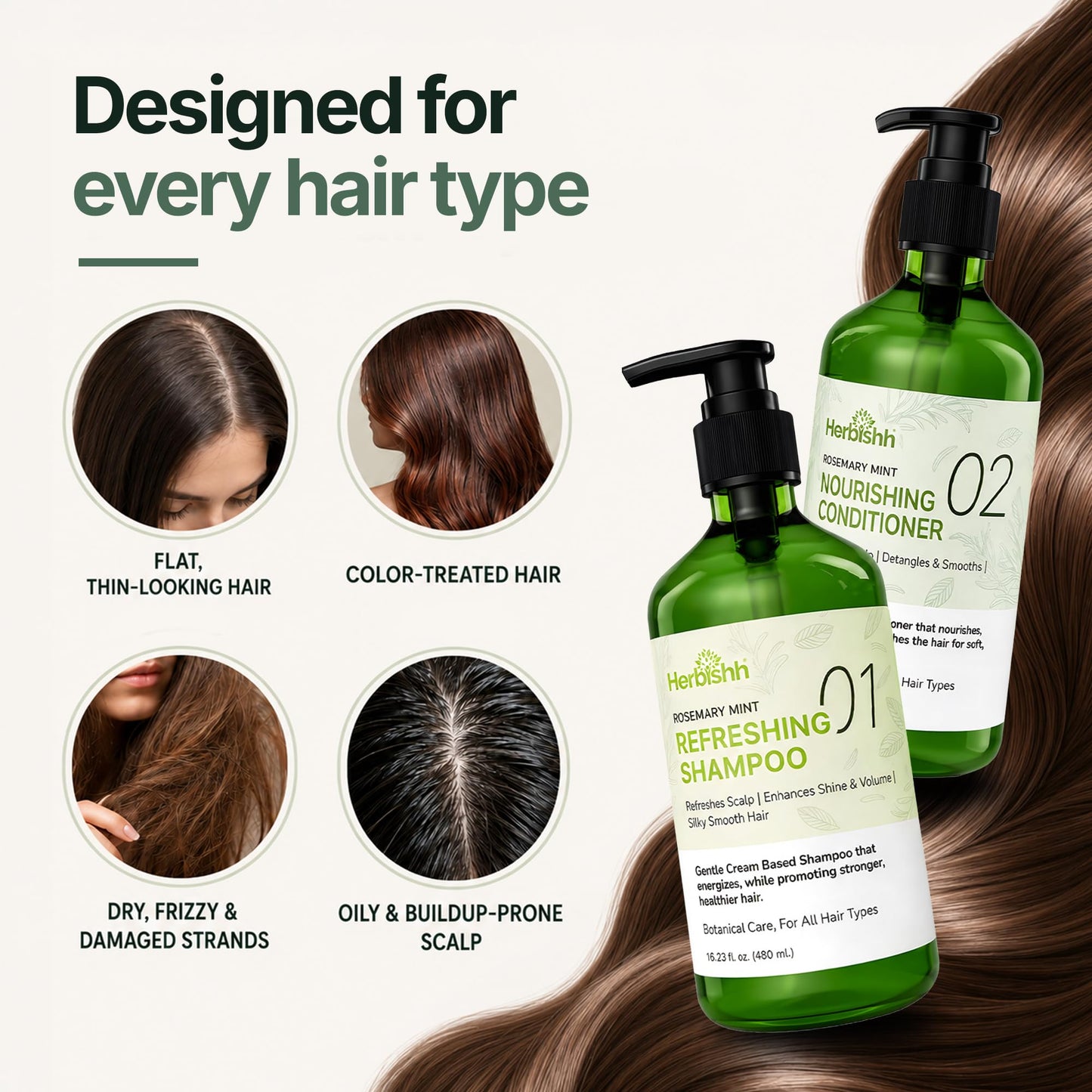Herbishh Rosemary Mint Shampoo & Conditioner Set (16.23 fl. oz Each), Clarifying Shampoo for Oily Hair, Helps Remove Oil & Residue, Nourish Smooth