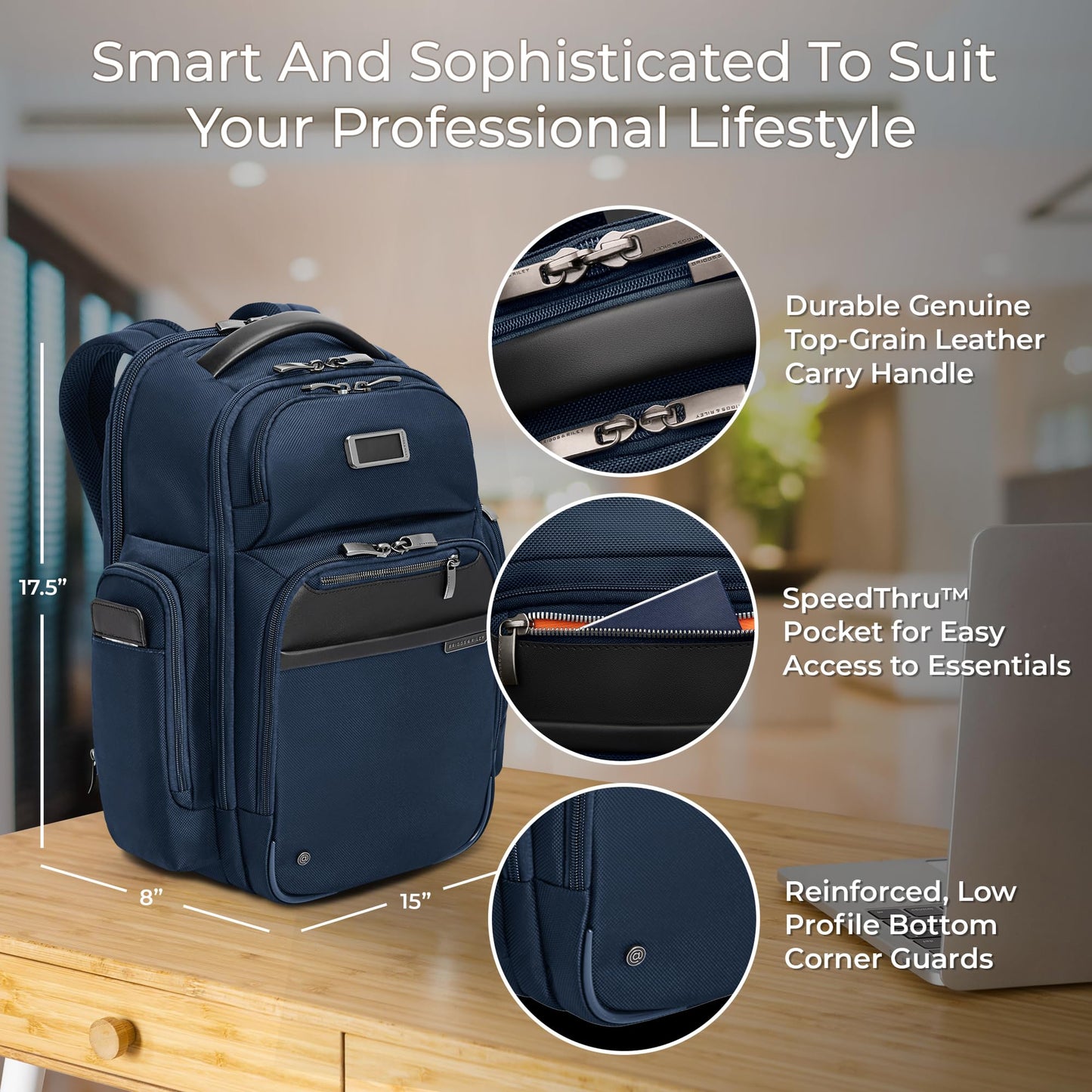 Briggs & Riley Medium Cargo Backpack for Women & Men - Laptop Backpack, For Work & Travel, Lightweight & Durable, Padded Straps, Fits up to 15" Laptop - @work Collection, Navy
