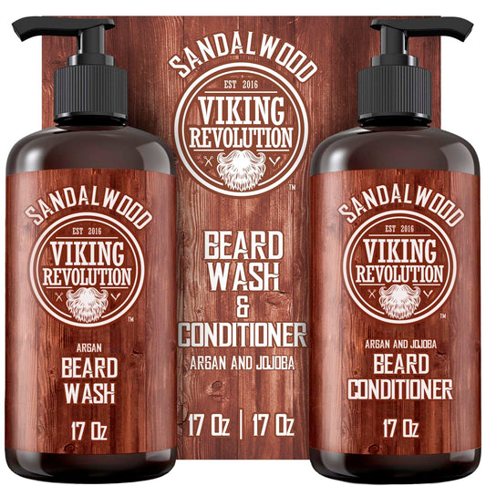 Viking Revolution Beard Wash & Beard Conditioner Set with Argan & Jojoba Oils - Softens and Strengthens - Natural Sandalwood Scent - Beard Shampoo