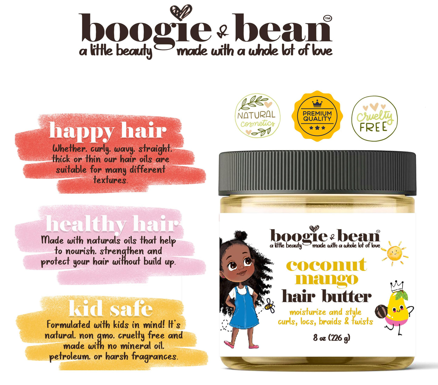 Boogie and Bean Hair Styling Creme or Pomade for Thick and Curly Hair Kids with Locs, Curls, Twists & Braids, Made with Natural Oils like Coconut