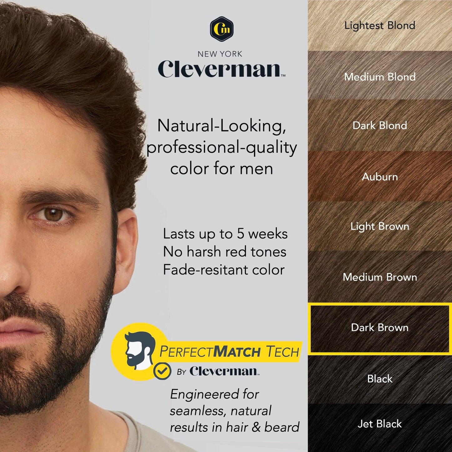 Reusable Hair & Beard Dye for Men - Dark Brown 3.1 | Up to 5 Uses, 7 Minutes | Natural Gray Coverage, No-Drip Cream with SkinArmour® - Cleverman