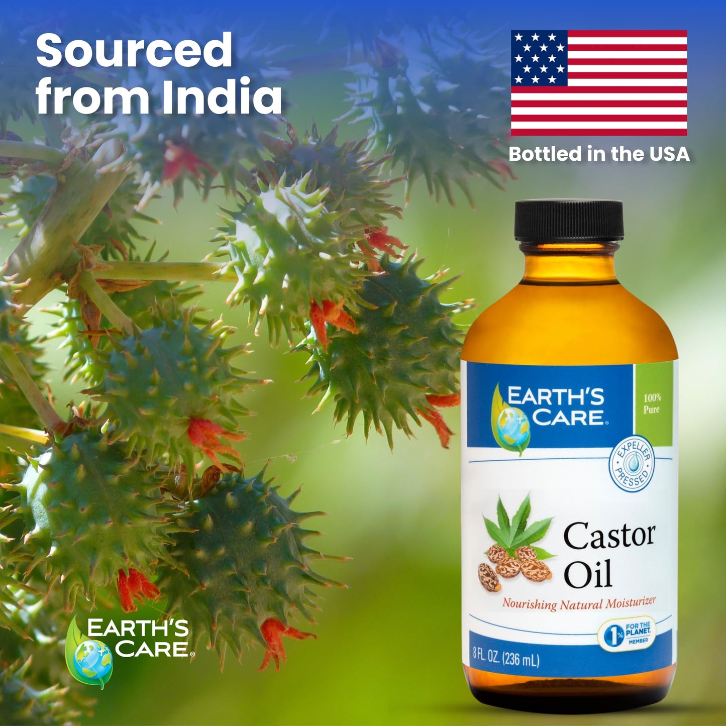 Earth’s Care Castor Oil - 100% Pure Castor Oil Expeller Pressed - All Natural Nourishing Moisturizer - 8 FL OZ