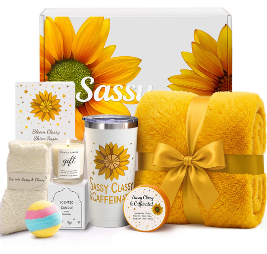 Birthday Gifts for Women Friendship, Sunflower Spa Gift Basket Set with Cozy Blanket, Self Care Gifts Unique Happy Birthday Idea for Mom, Wife Beauty and Personal Care IZZUBIZ