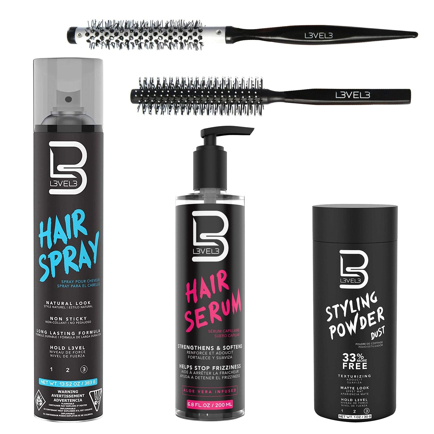 L3 Level 3 Hair Serum, Round Brush Set, Styling Powder & Hair Spray Kit - Repairs your Damaged Hair - Softens and Smoothing - Easy to Apply with No