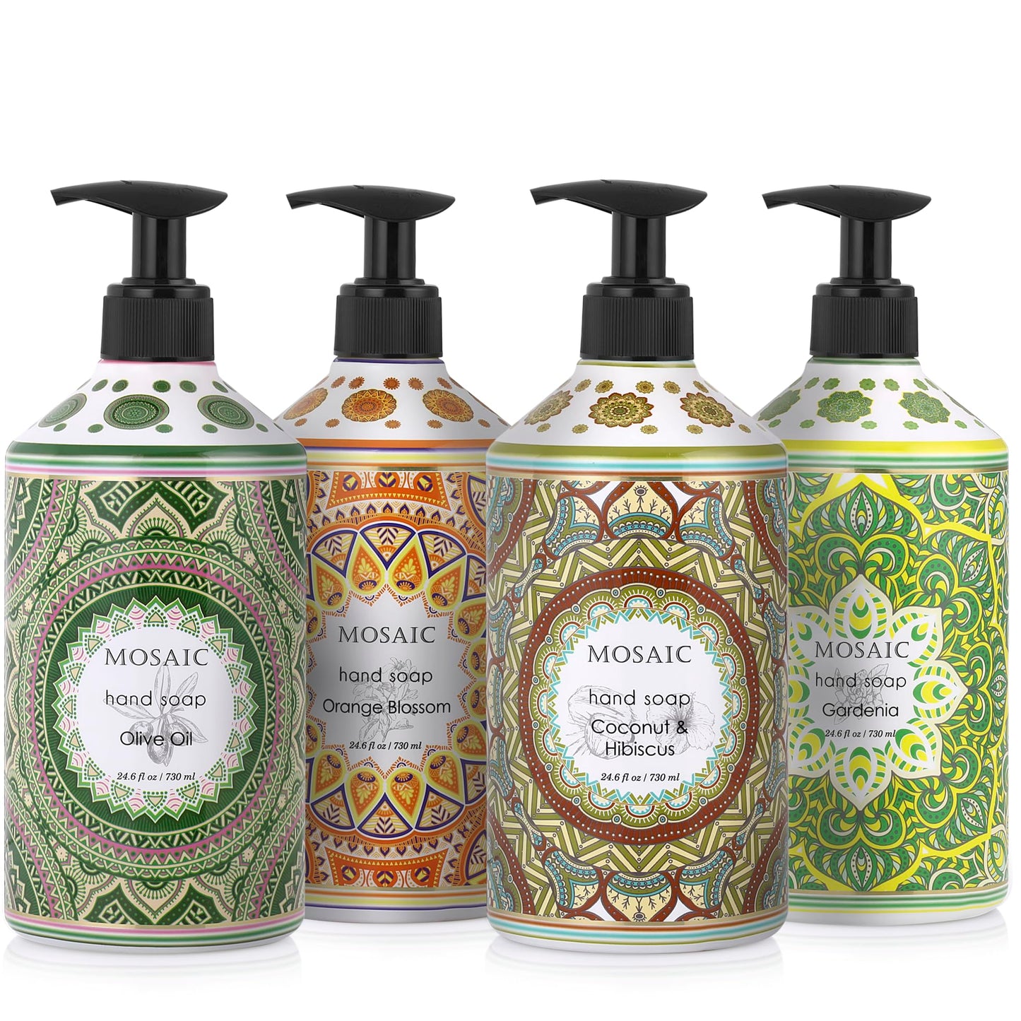 Mosaic Liquid Hand Soap / Wash Gift Set, Ideal Bathroom Kitchen Hand Soap Set , Olive Oil + Coconut & Hibiscus + Gardenia + Orange Blossom, 4 x 24.6