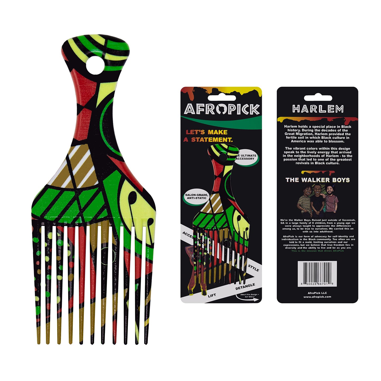Afropick Anti-Static Plastic Black Hair Pick for Natural Curly Long Thick Hair- Afro Pick Comb for Men, Women- African Artist Designs (Harlem)