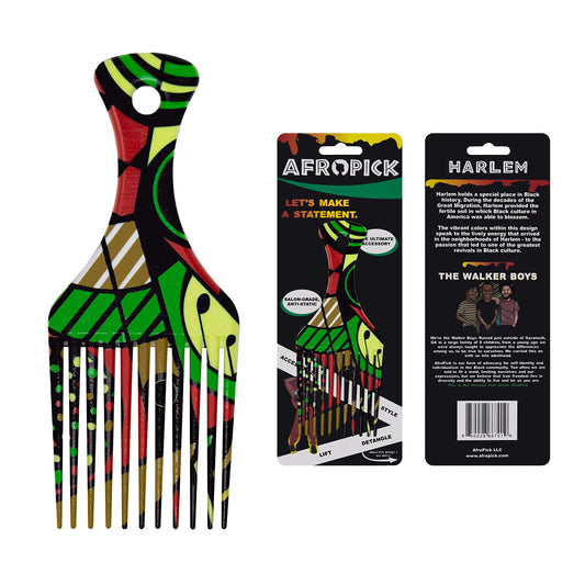 Afropick Anti-Static Plastic Black Hair Pick for Natural Curly Long Thick Hair- Afro Pick Comb for Men, Women- African Artist Designs (Harlem)