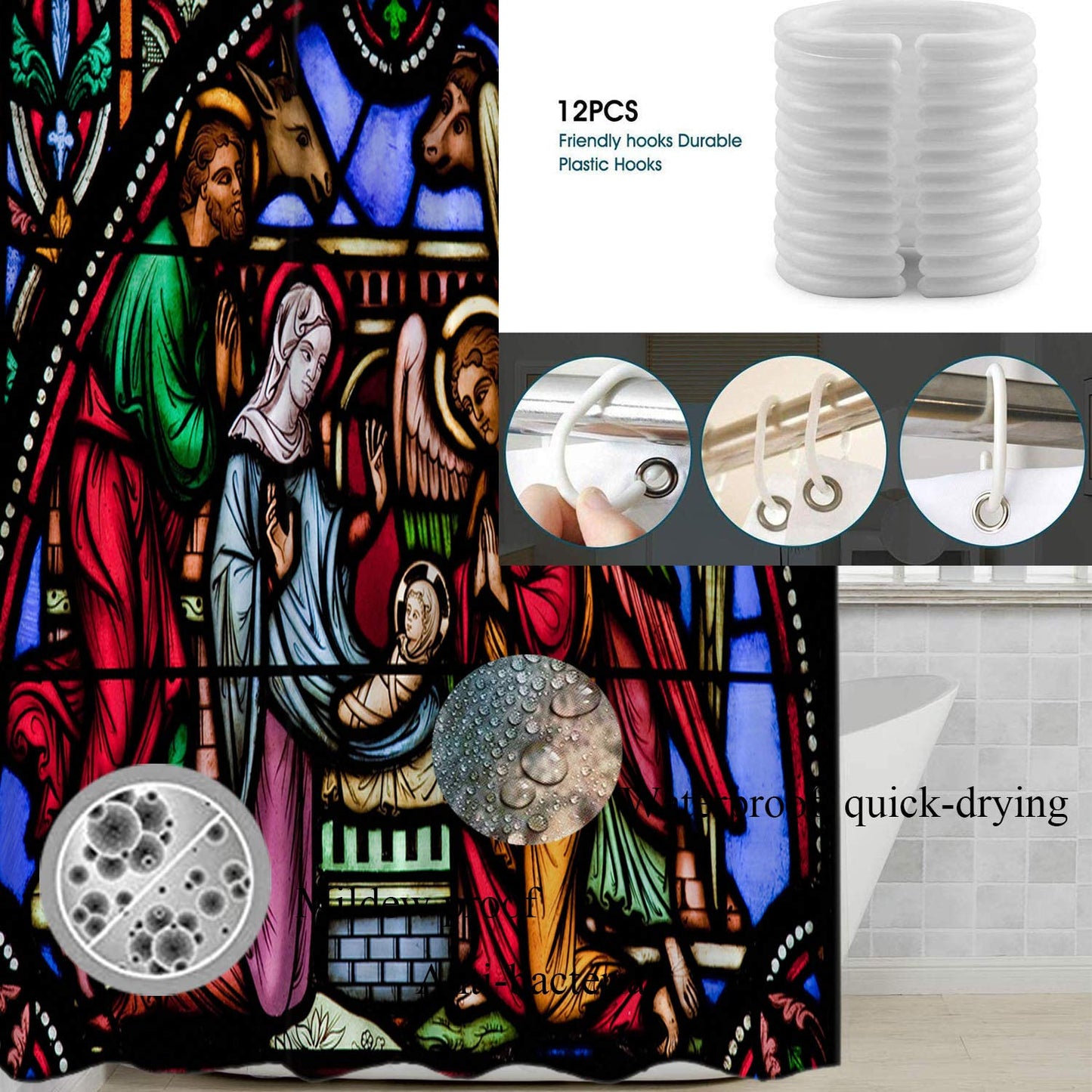 BaoNews Christmas Decorative Shower Curtain, Christmas Stained Glass AngelDecor Shower Curtain for Shower Stall Bathroom Resistant Waterpro…