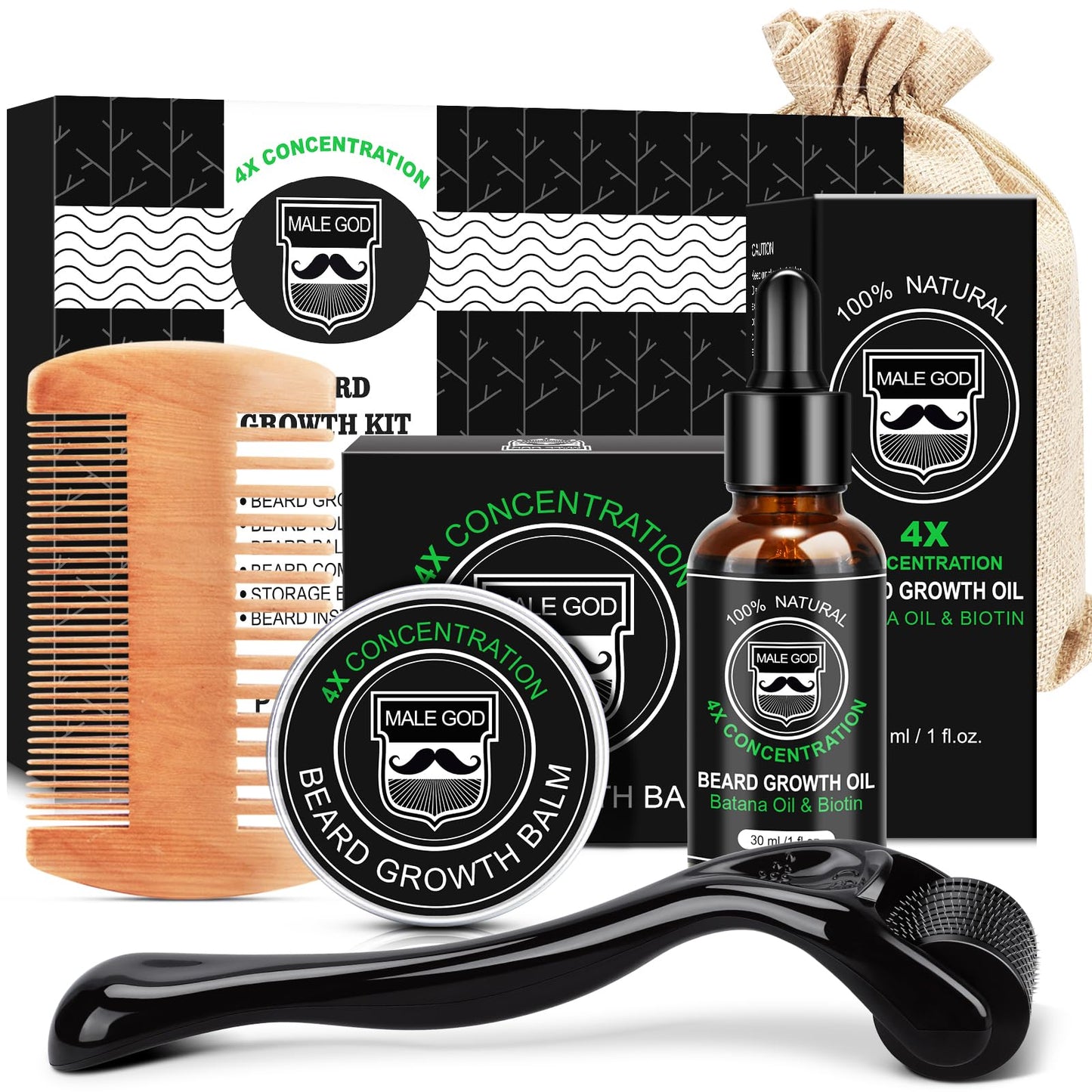 MALE GOD Beard Kit, Beard Growth Kit w/Natural Ingredients Beard Oil & Balm & Comb, Beard Growth Oil w/4X Thickening Biotin, Fathers Day | Chrismtas | Beauty and Personal Care MALE GOD