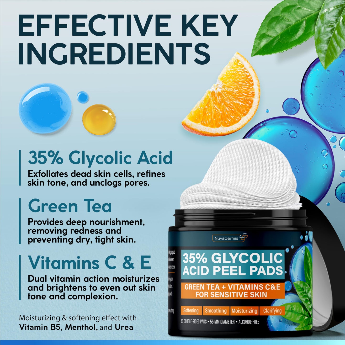 NUVADERMIS 35% Glycolic Acid Peel Pads - Exfoliating Facial Resurfacing for Blackheads, Dark Spots, and Acne - Safe for Sensitive Skin - 60