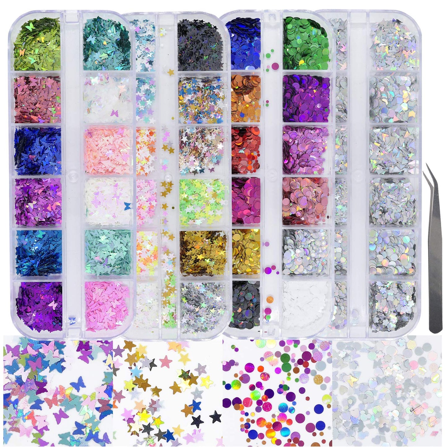 AddFavor 4 Boxes Holographic Nail Sequins Shapes Mixed Iridescent Nail Glitter Flakes Butterfly Hearts Star DIY Design Manicure Decorations Sets