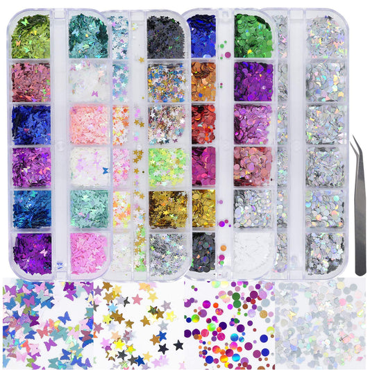 AddFavor 4 Boxes Holographic Nail Sequins Shapes Mixed Iridescent Nail Glitter Flakes Butterfly Hearts Star DIY Design Manicure Decorations Sets