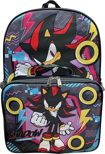 Ruz Sonic The Hedgehog 16 Inch Backpack W/Detachable Matching Lunch Box, Sonic - Shadow Kid's School Bag (Shadow)