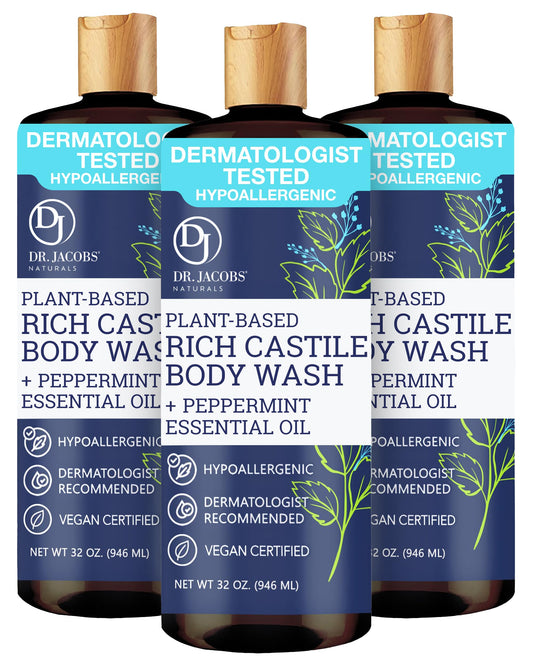 Dr. Jacobs Naturals Pure Castile Soap Liquid Body Wash, Peppermint - Plant Based Soap Infused with Vitamin E and Aloe Vera to Moisturize Dry Beauty & Personal Care DR.JACOBS NATURALS