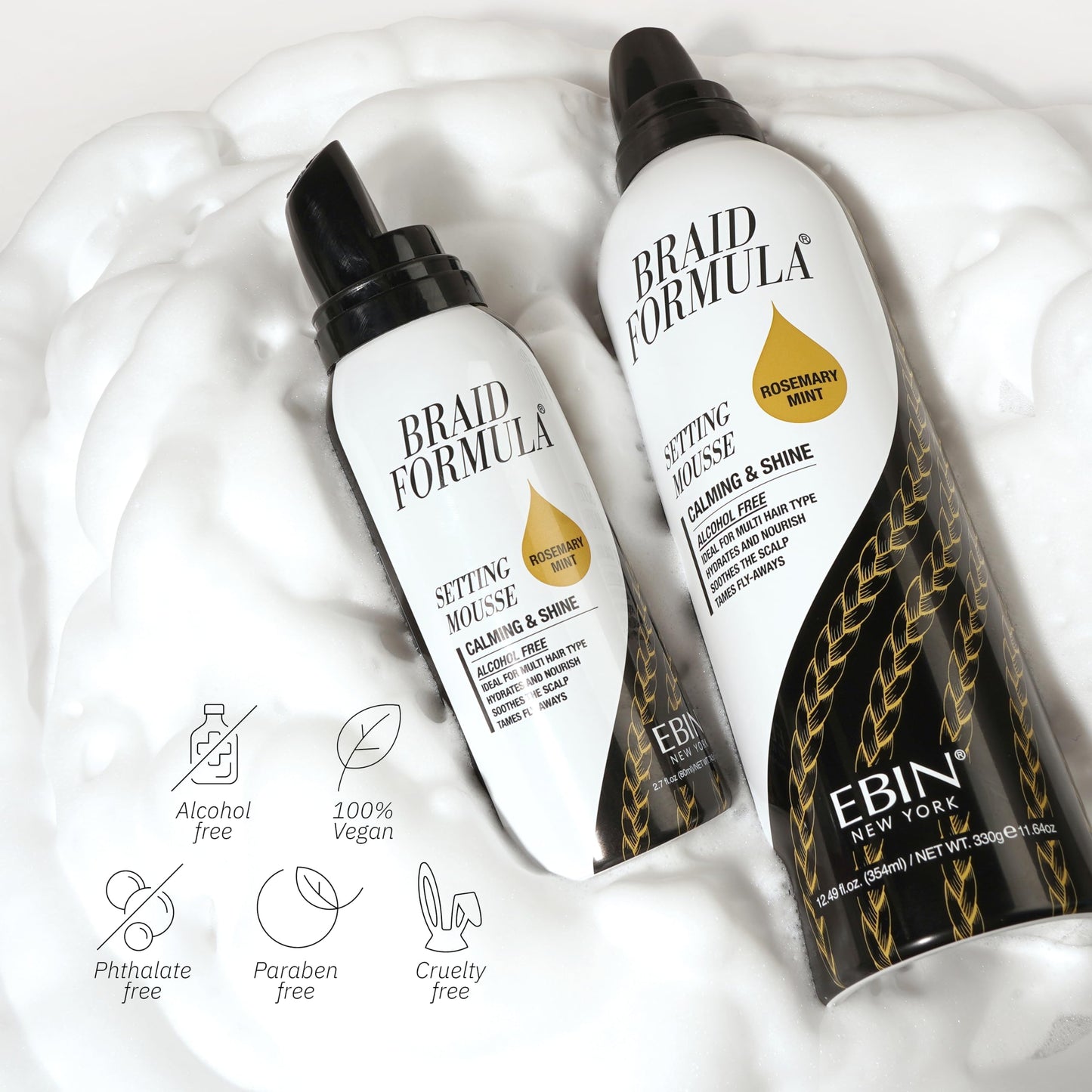 EBIN NEW YORK Braid Formula Setting Mousse (12.49 oz, Rosemary Mint + Biotin)