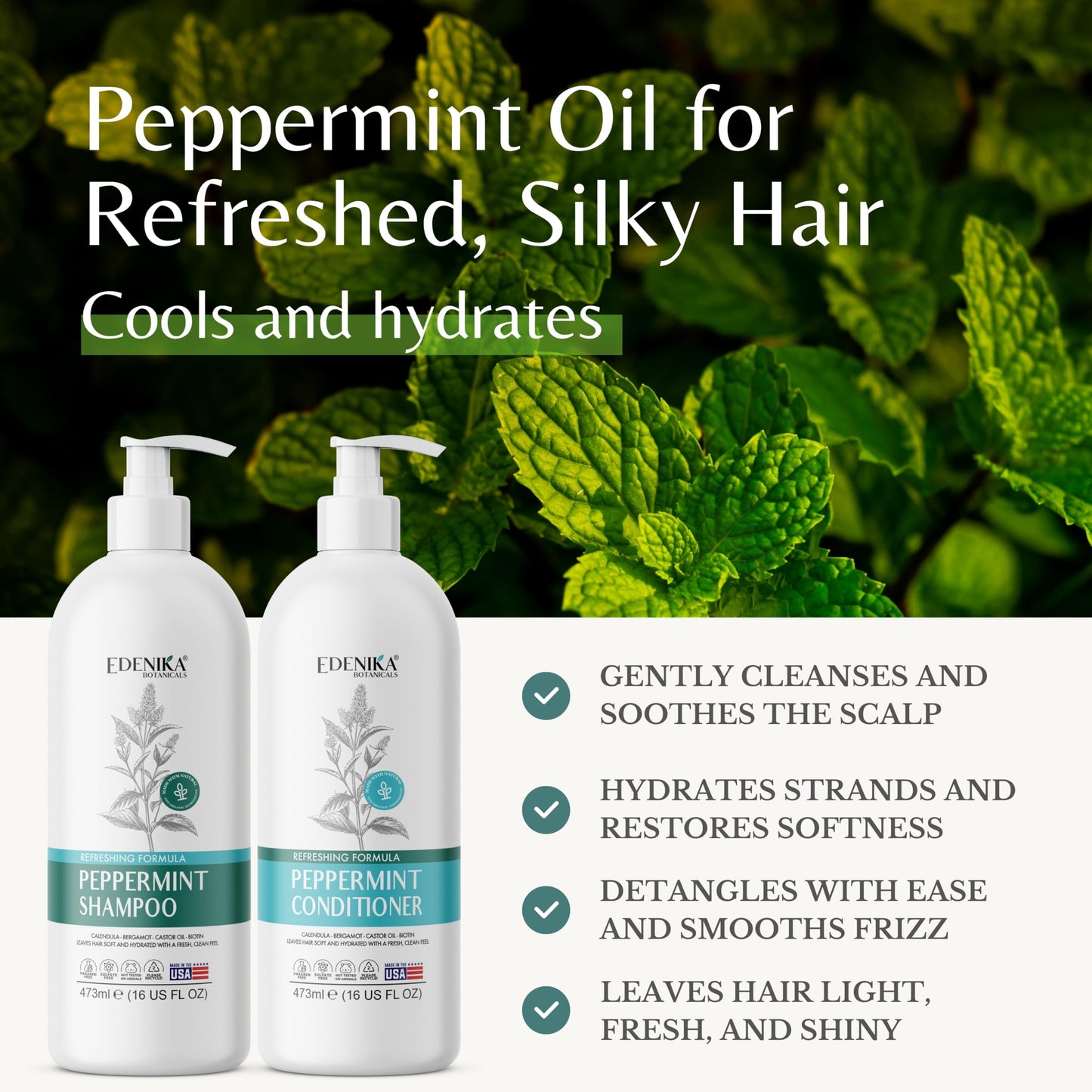 Peppermint Shampoo and Conditioner with Castor Oil & Biotin, Soothes Dry, Itchy Scalp, Strengthens Hair, Reduces Thinning & Hair Loss, Promotes