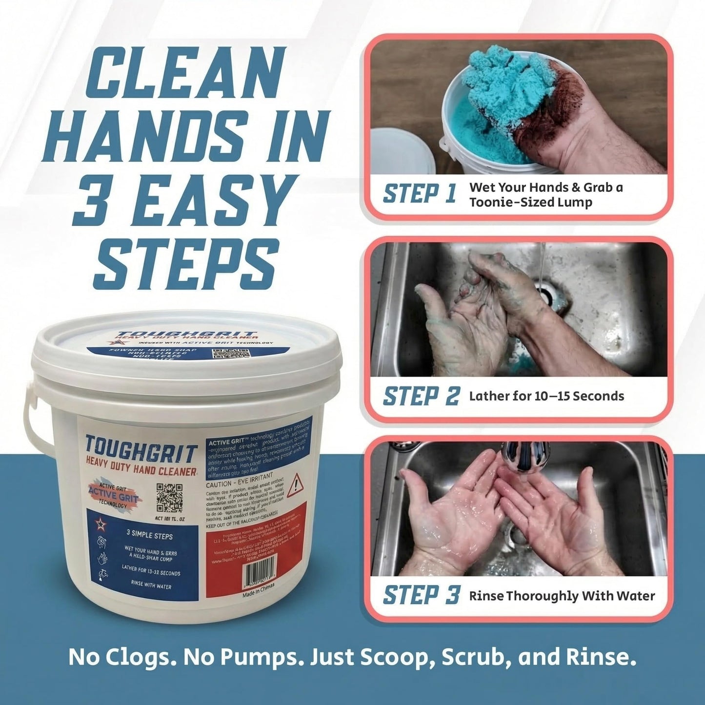 Toughgrit Heavy Duty Powder Hand Cleaner - Perlite Abrasive, Solvent-Free, Unscented - Cuts Grease, Oil, Paint & Industrial Grime - Skin-Safe