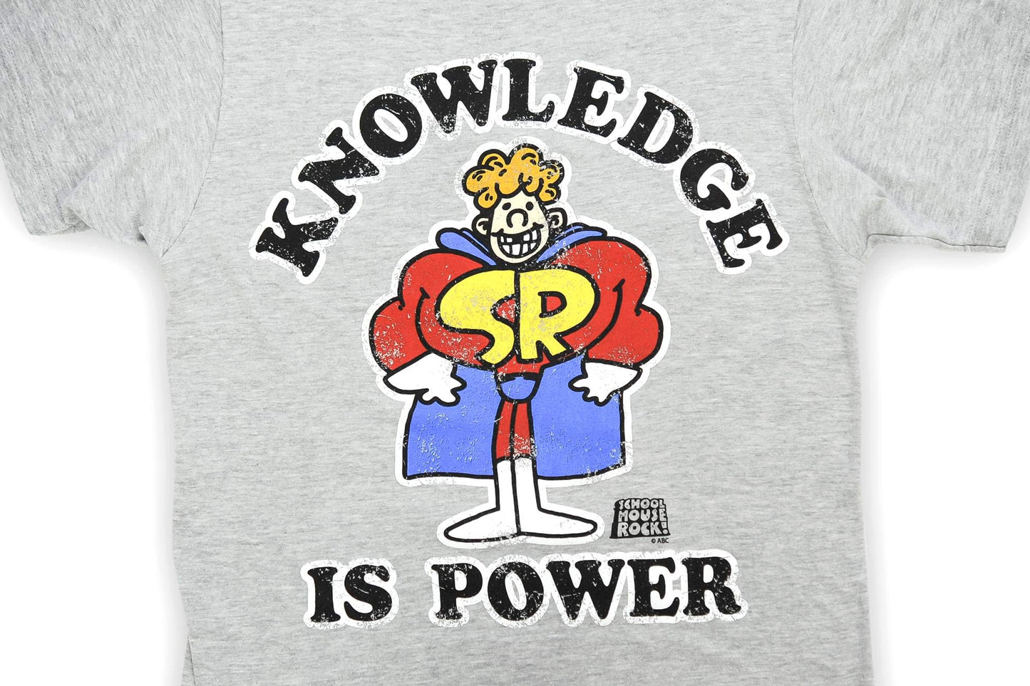 Schoolhouse Rock! Knowledge is Power Adult T-Shirt - Grey, Light-Weight, Short-Sleeve, Unisex, Crew Tee - Features Schoolhouse Rocky Caped Superhero