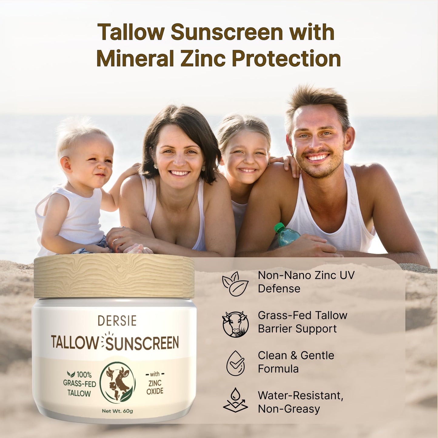 Dersie Tallow Sunscreen SPF 30 - Mineral UV Defense with Non-Nano Zinc Oxide - Face & Body Sun Protection for Adults & Kids - with 100% Grass-Fed Beef