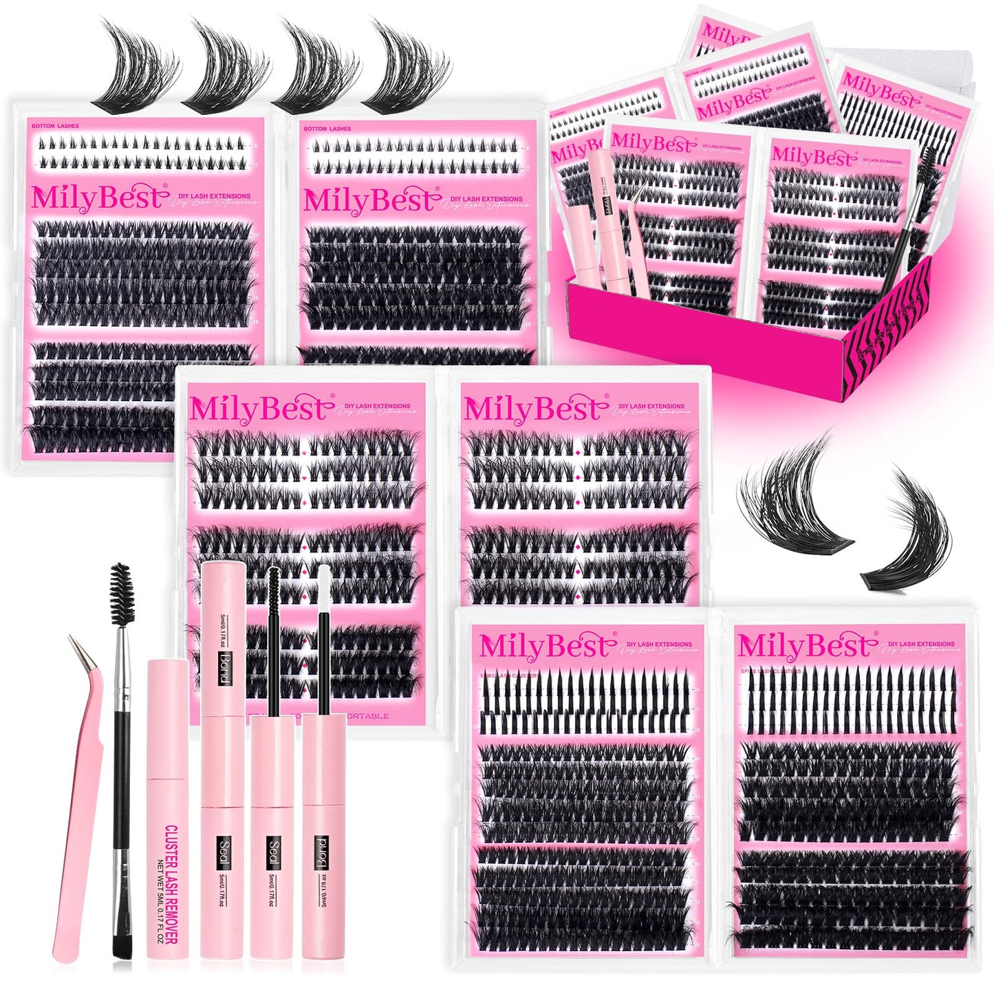 MilyBest 1238Pcs Lashes Clusters Kit with Spikes+Bottom, 6 Styles 50D/60D/80D/100D/150D Fox Eye Cluster Eyelash Extensions with Bond&Seal 10-18mm Beauty and Personal Care MilyBest Default Title