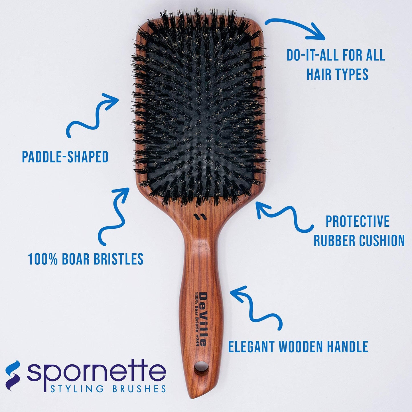 Spornette Deville Cushion Paddle Brush, Boar Bristle Hair Brush with Wooden Handle - For Straightening, Smoothing, Detangling, Styling & Brush Outs