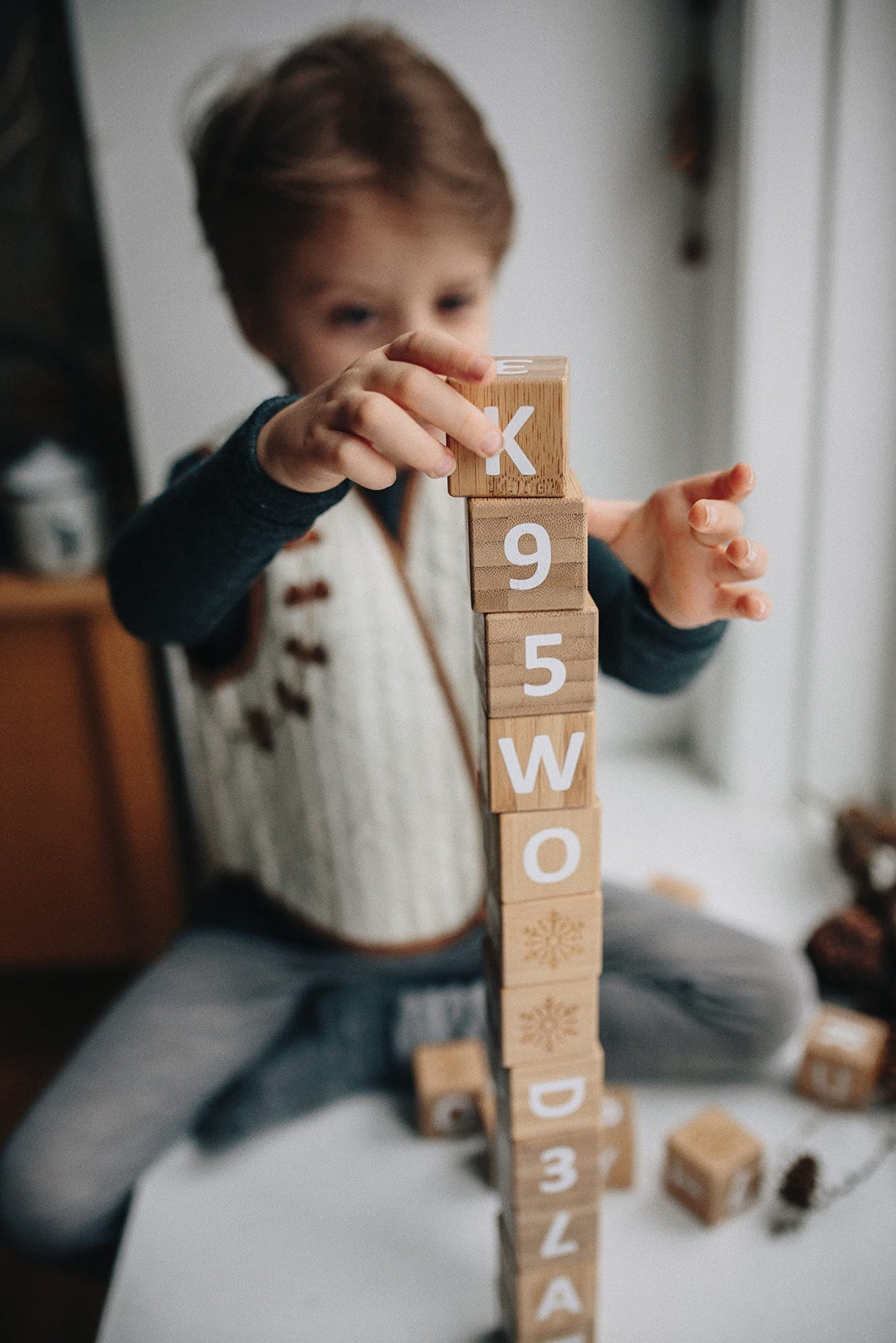 Kinderfeets Bamboo ABC Blocks 18pc – Educational Build & Stack Toy with Letters, Numbers & Symbols for Toddlers 12mo+