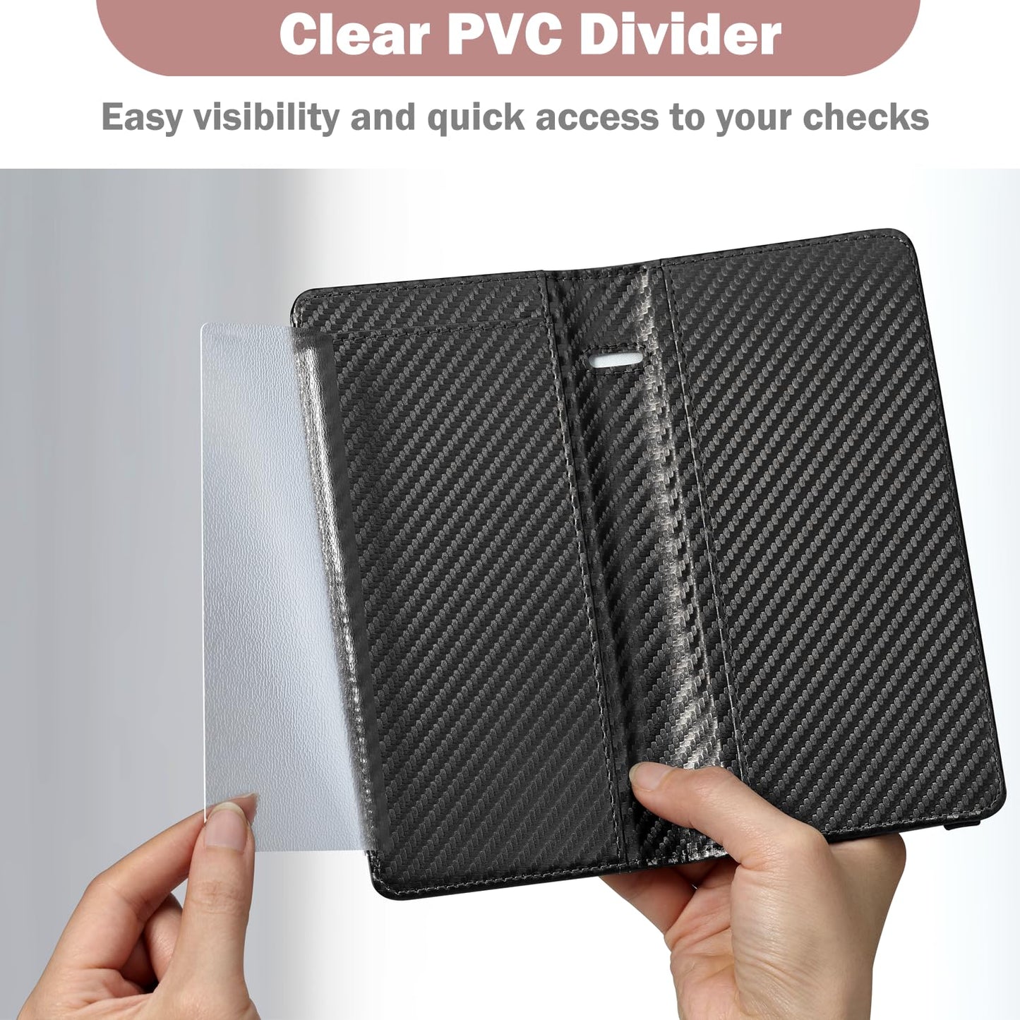 checkbook cover with elastic band - premium leather clear pvc divider durable, compact, and multi-functional holder wallet case for man woman, carbon…