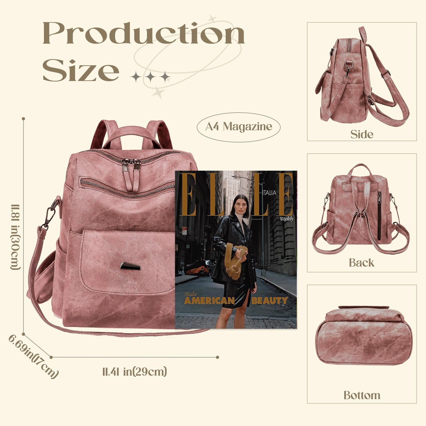 ROOSALANCE Backpack Purse for Women, Women Leather Back pack Purse Waterproof Anti-theft Shoulder Bags Handbags