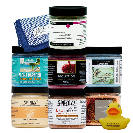 Spazazz Hot Tub Aromatherapy Gift Bundle- Seven- 4 Oz Spazazz Hot Tub Aromatherapy Bath Salt Crystals Sampler Jars Plus Hot/Cold Towel and Rubber Duck Beauty and Personal Care Spazazz