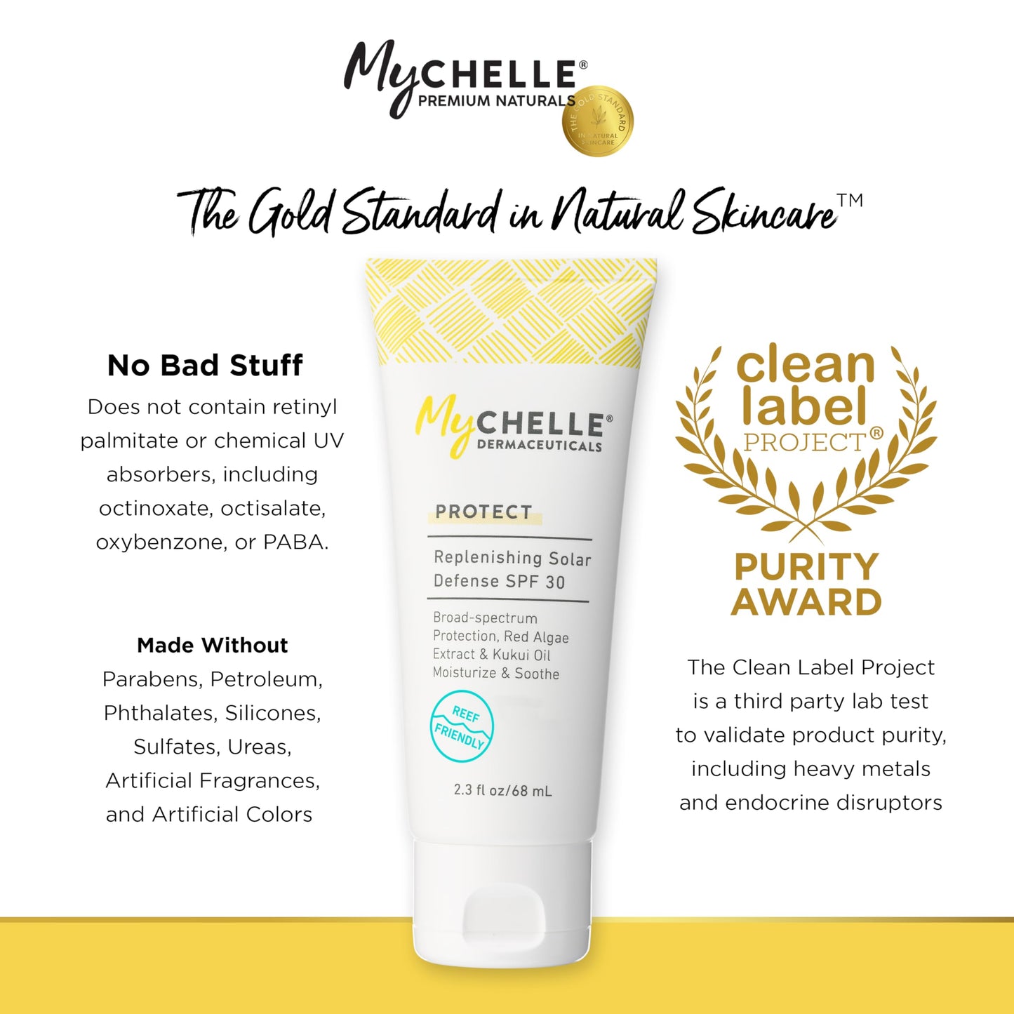 MyCHELLE Dermaceuticals Solar Defense SPF 30 (2.3 Fl Oz) - Moisturizing Reef Safe Sunscreen with Red Algae Extract and Kukui Oil - Travel Size Zinc
