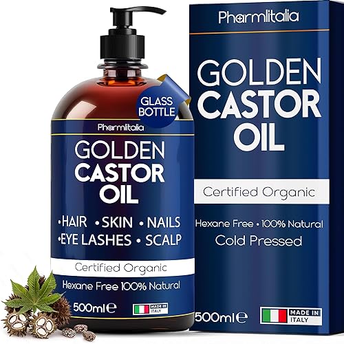 Pharmlitalia Caster Oil Organic Cold Pressed Unrefined Glass Bottle - Organic Golden Castor Oil for Face, Scalp, Eyelashes, Skin Care and Nails
