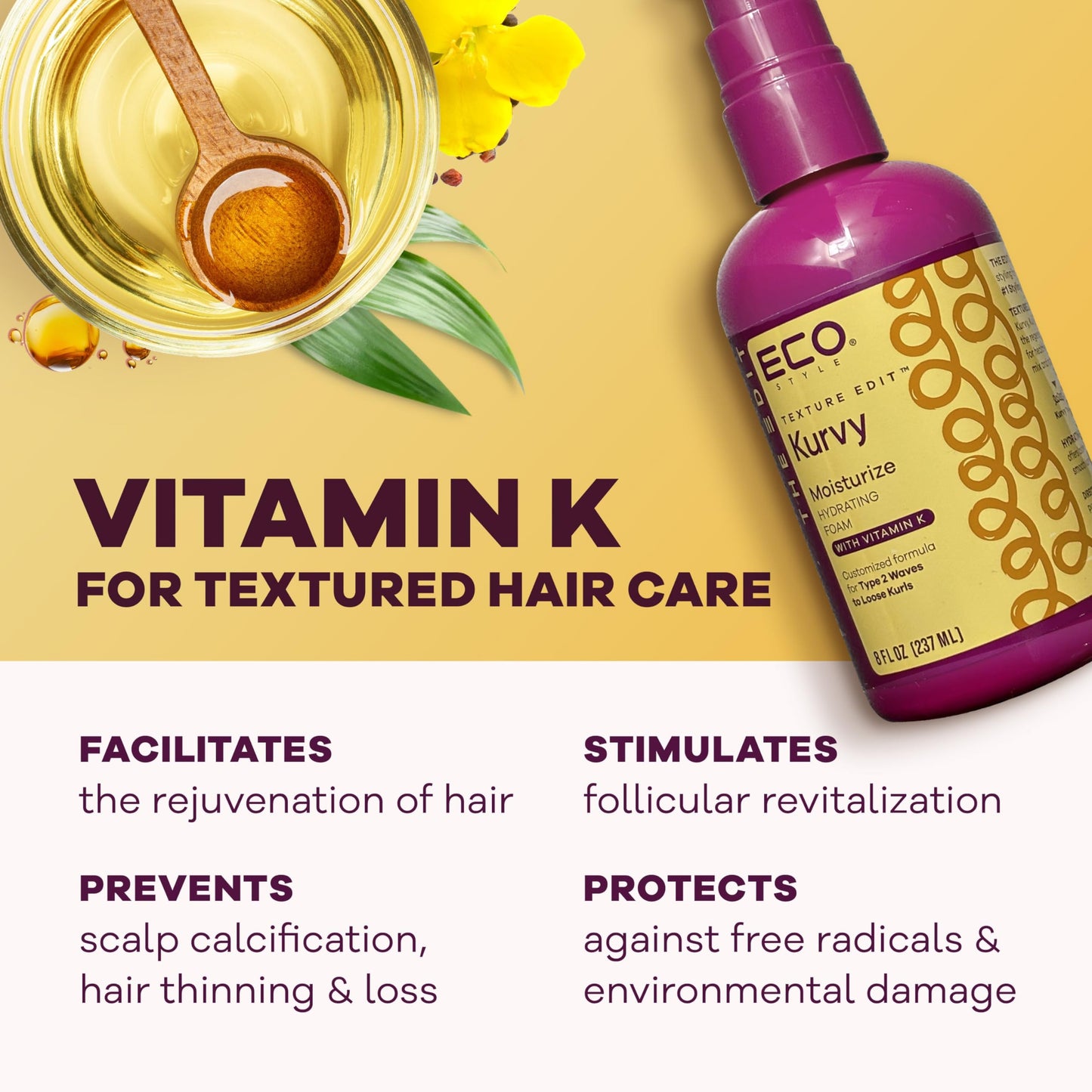 Eco Style, Texture Edit, Kurvy Moisturize Hydrating Foam for Type 2a to 2c wavy hair - Prep your hair for any style with lightweight leave in