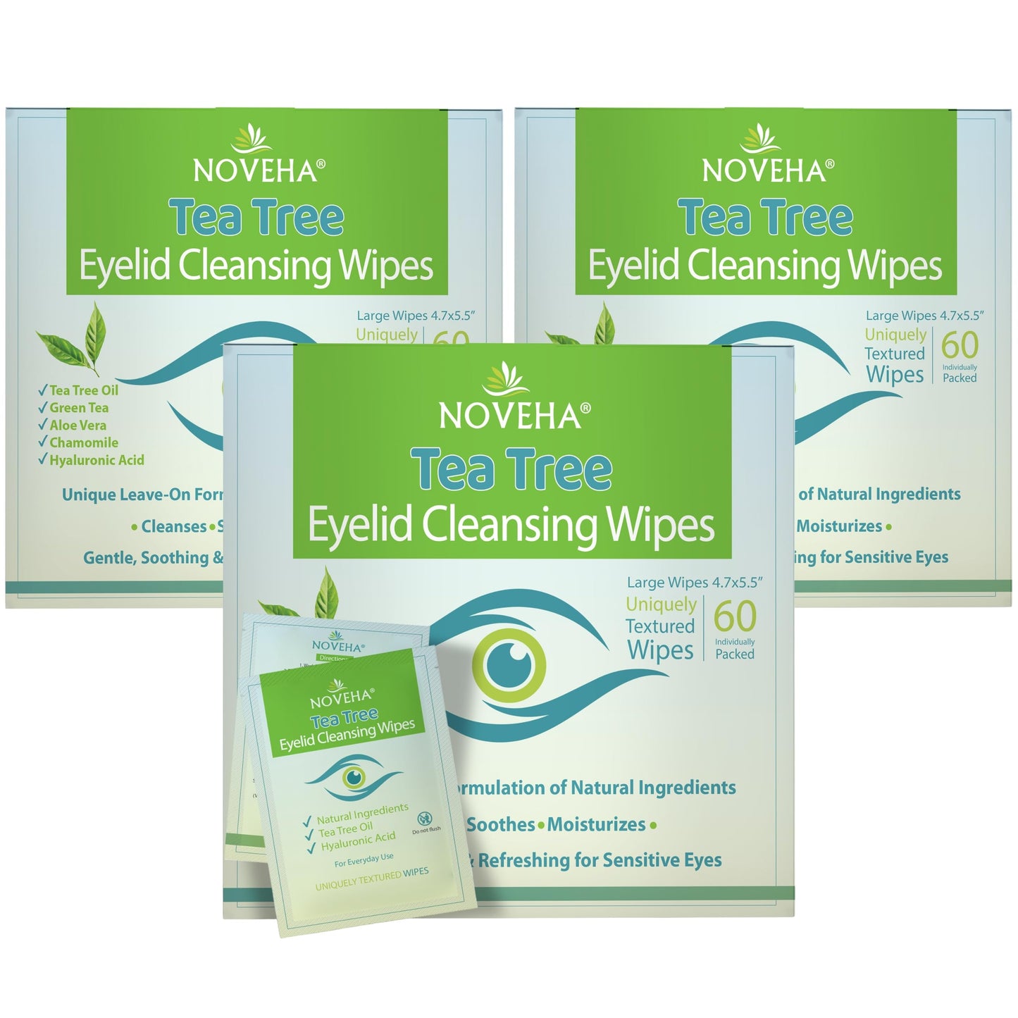 NOVEHA 180PCs Tea Tree Oil Eyelid & Lash Wipes With Hyaluronic Acid, Green Tea & Chamomile For Blepharitis & Itchy Eyes, Individually Wrapped Eyelash Beauty and Personal Care NOVEHA