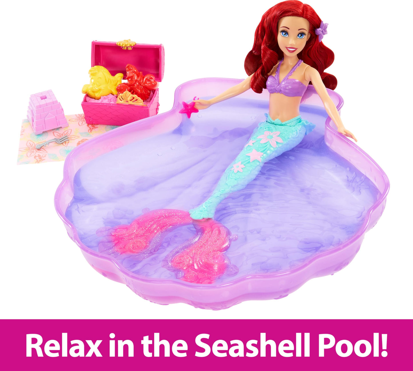 Mattel Disney Princess Toys, Ariel Mermaid Doll & Pool Set with Moldable Sand, 3 Molds & 6 Accessories, Inspired by The Little Mermaid Movie