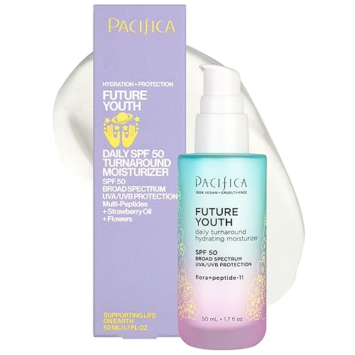 Pacifica Peptide Face Moisturizer Future Youth Daily Turnaround Hydrating, SPF 50 Broad Spectrum, UVA/UVB Sun Protection, Sunscreen, Face Moisturizer
