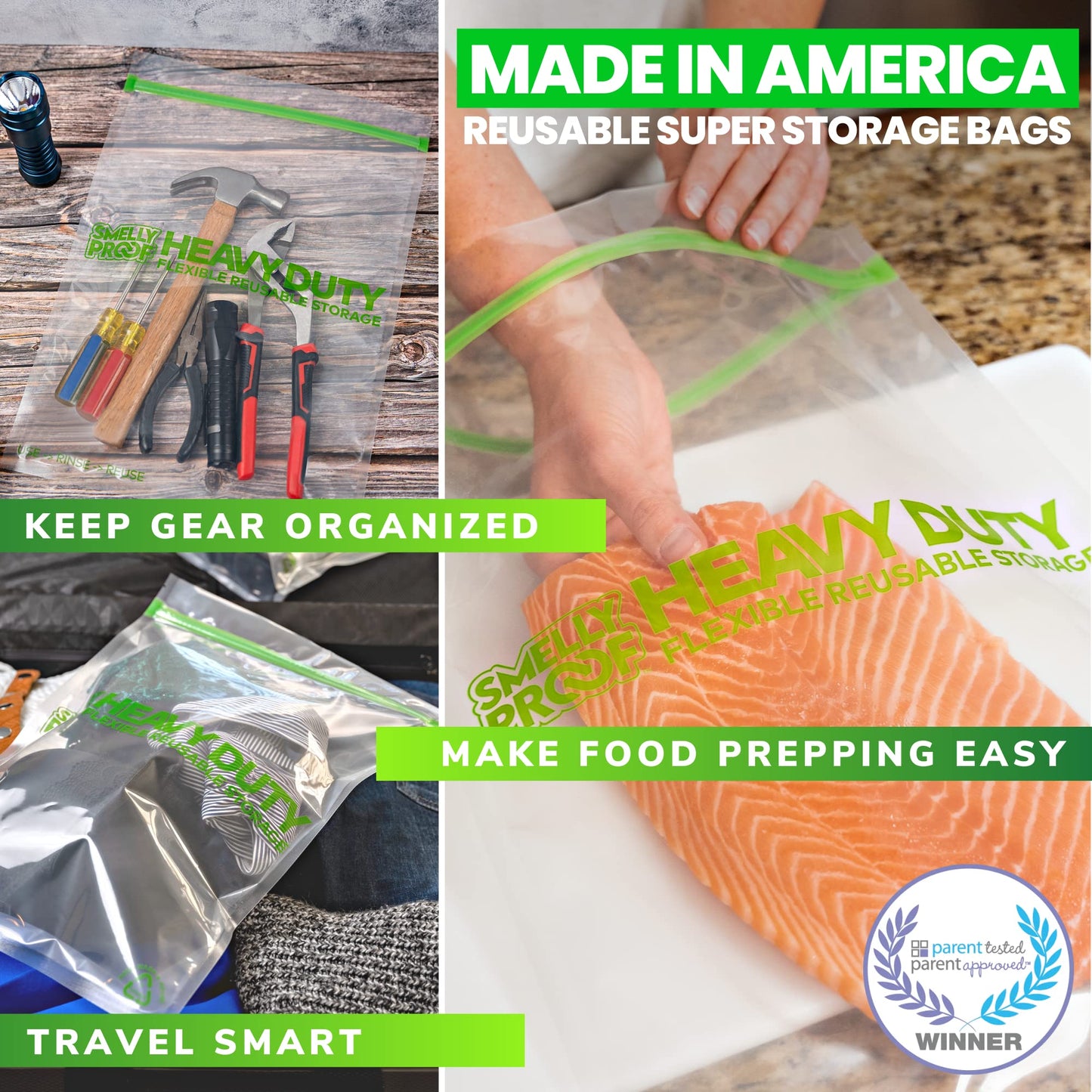 Smelly Proof REUSABLE STORAGE BAGS, Extra Large HEAVY DUTY 5-mils US-Made, BPA FREE, NO PEVA, Dishwasher-Safe Reusable Freezer Bags Triple Zip CLEAR…