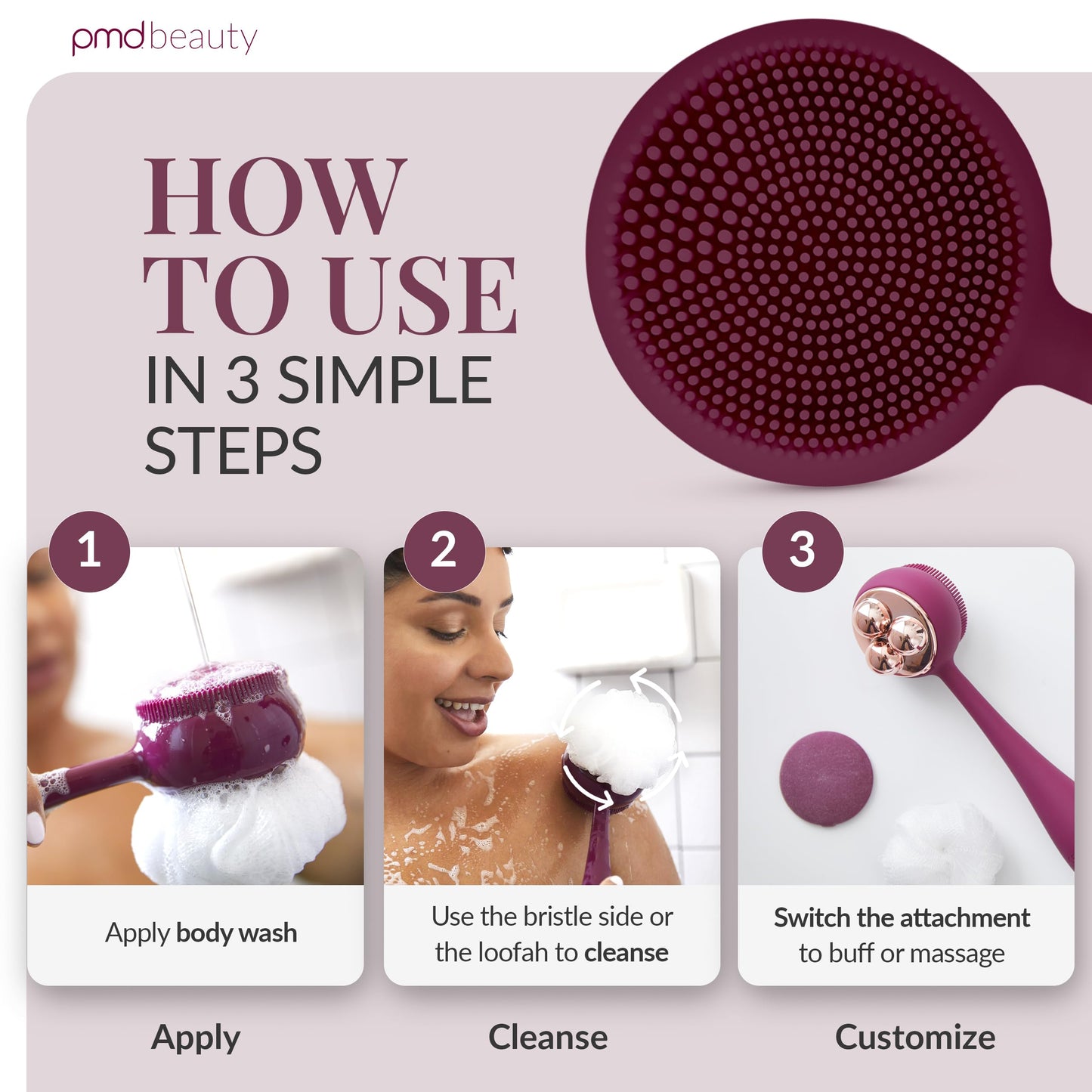 PMD Clean Body - Smart Body Cleansing Device with Silicone Brush & Three Interchangeable Attachments - Waterproof - SonicGlow Vibration - Cleanse