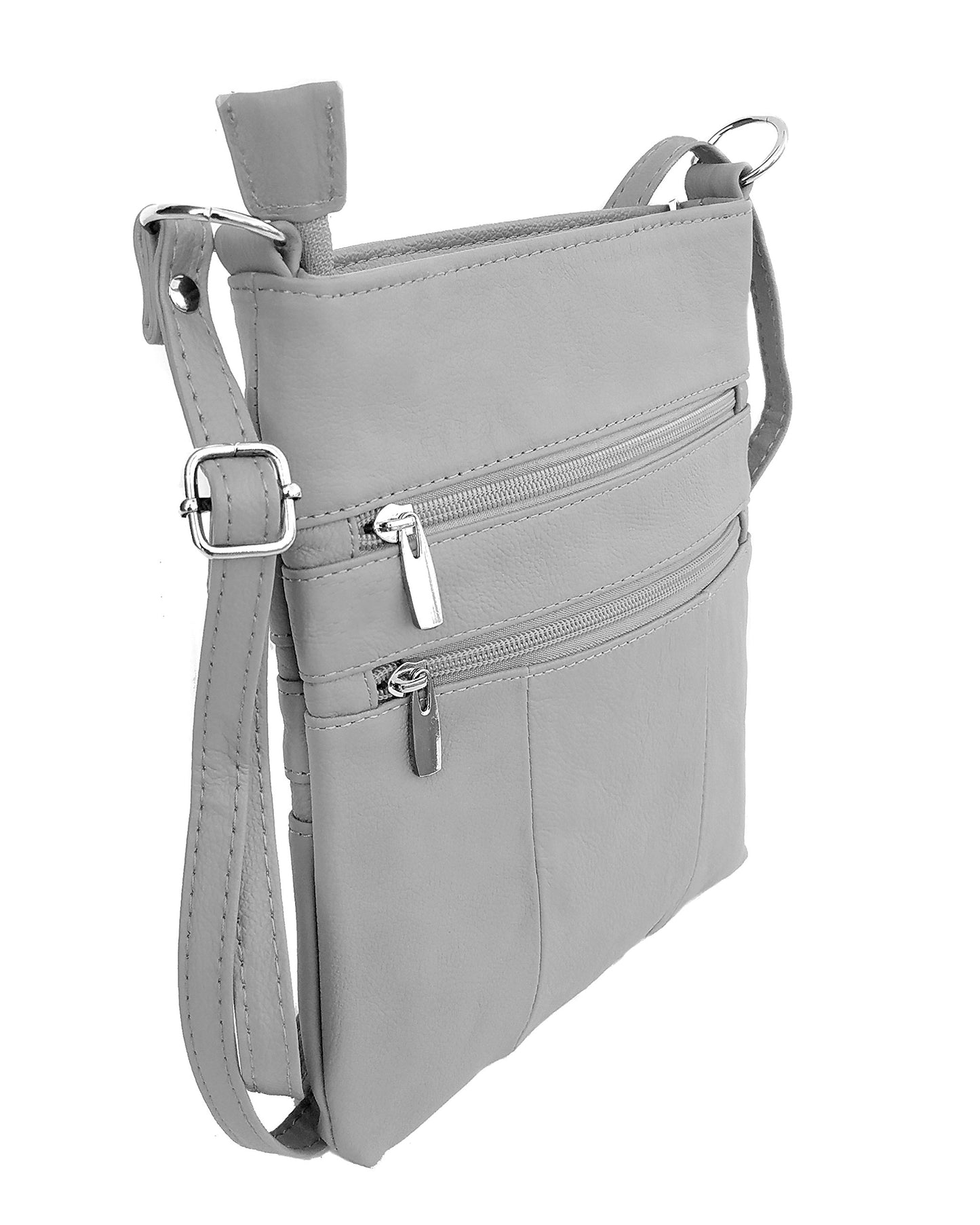 Roma Leathers Mini Cross Body Purse - Multi Pocket Double Zipper Handbag - Premium Gray Leather - Adjustable Shoulder Strap - Convenient Travel Bag…