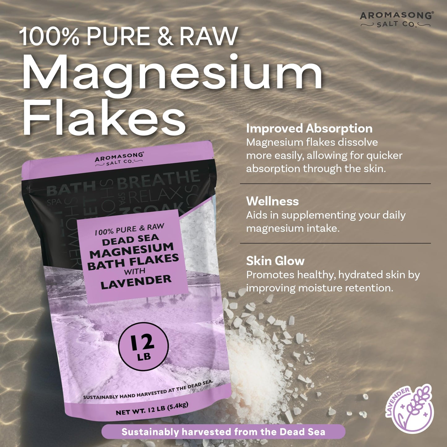 Aromasong RAW Magnesium Bath Flakes with 100% Natural Lavender, 12 Lb. Bulk Muscle Relaxing Organic Salts Mg Chloride, Mineral Soak Salt. Beauty and Personal Care Aromasong