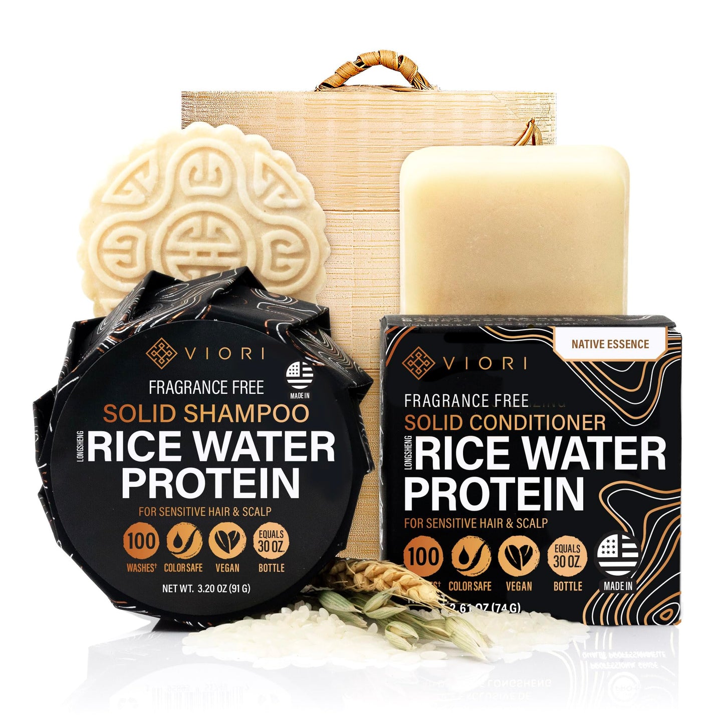 Viori Native Essence Shampoo and Conditioner Bar Set and Bamboo Holder - Made with Rice Water for Hair Growth - Handcrafted Sulfate Free Shampoo