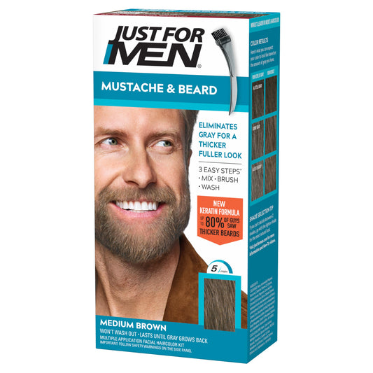 Just For Men Mustache & Beard, Beard Coloring for Gray Hair with Brush, with Keratin Biotin Aloe and Coconut Oil for Healthy Facial Hair - Medium