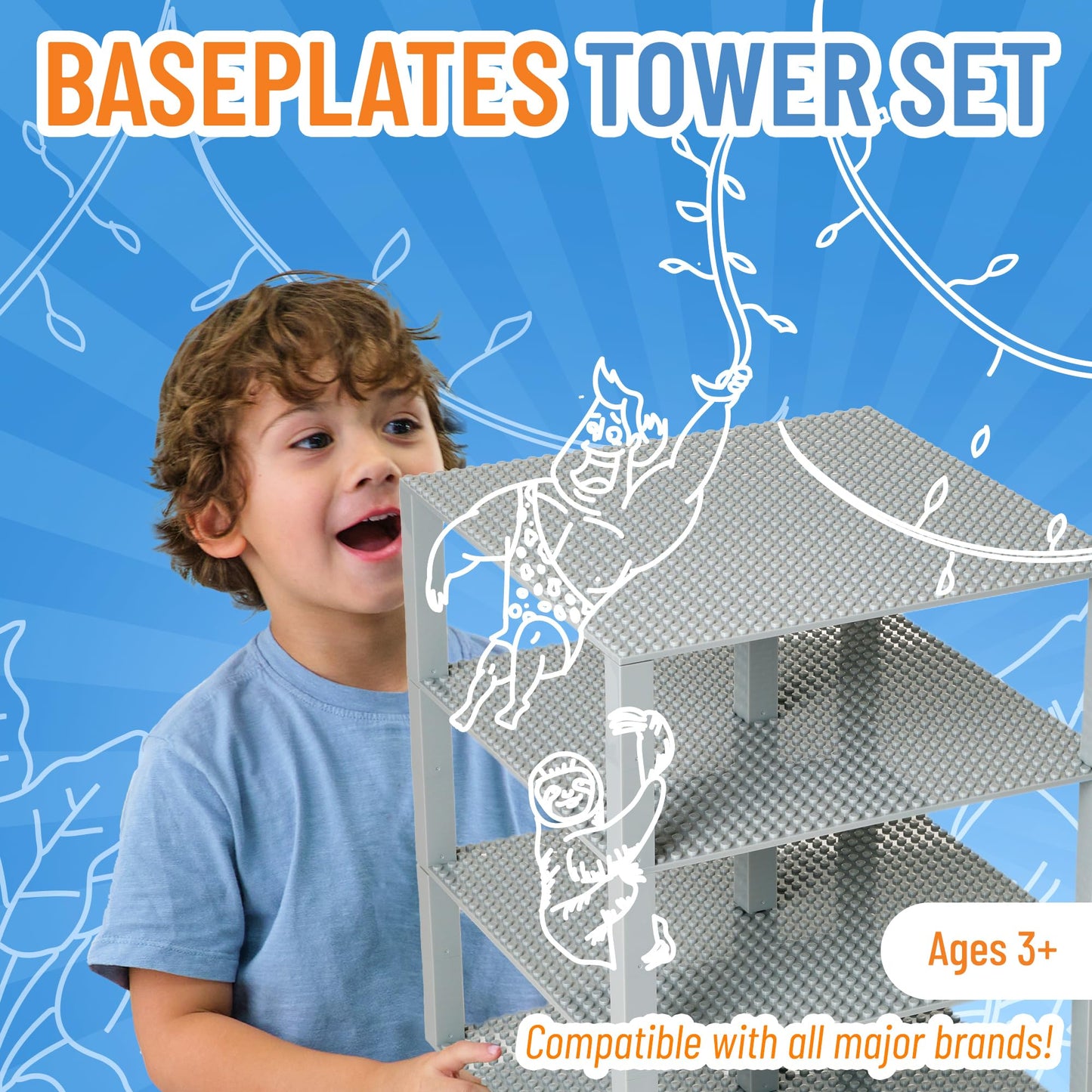 Strictly Briks 4-Pack Stackable Baseplates 10"x10" – Light Gray Plates with 30 Stackers, Compatible with Lego & Major Brick Brands