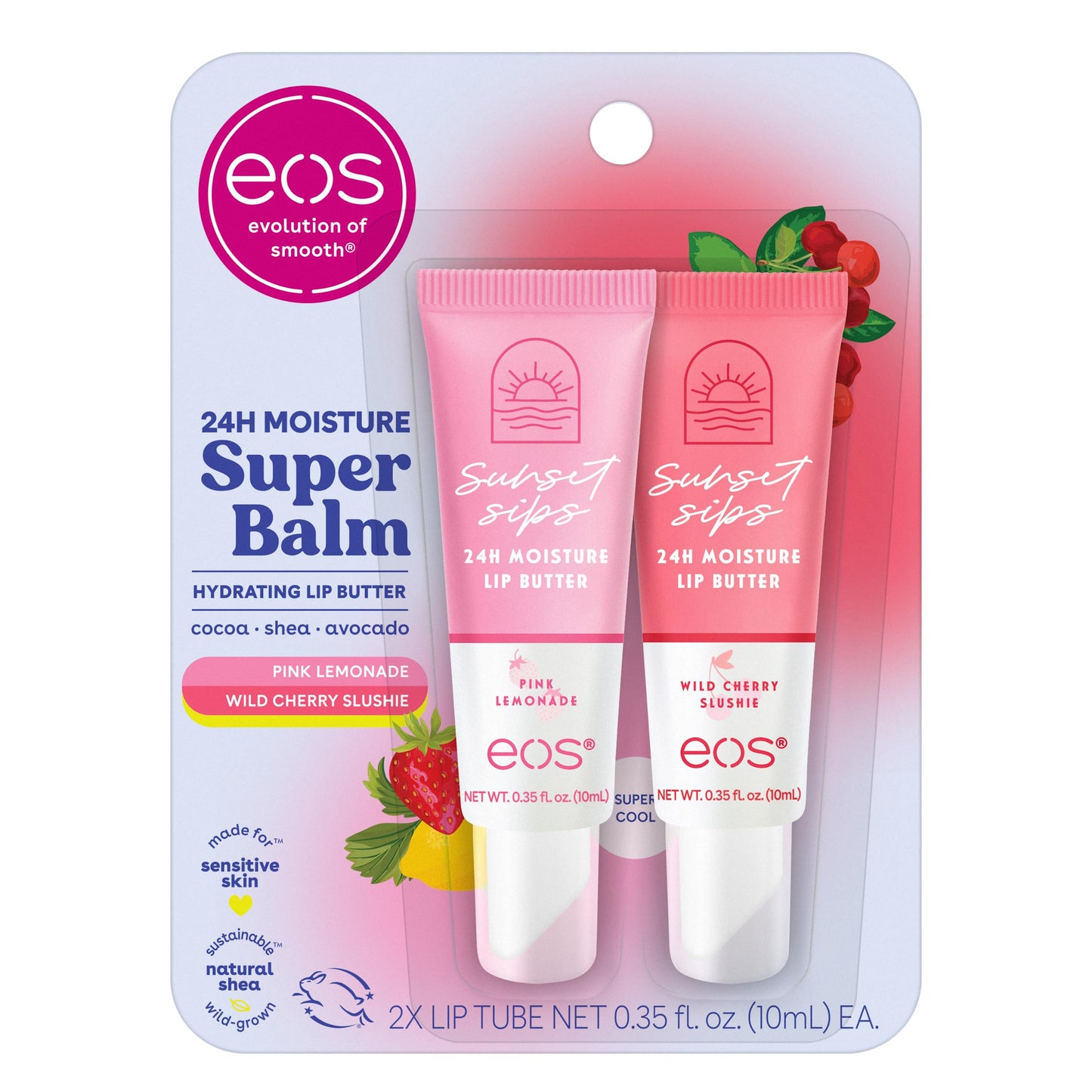 eos 24H Moisture Super Balm - Pink Lemonade & Wild Cherry Slushie, Day or Night Lip Treatment, Made for Sensitive Skin, Lip Balms & Moisturizers, 0.35