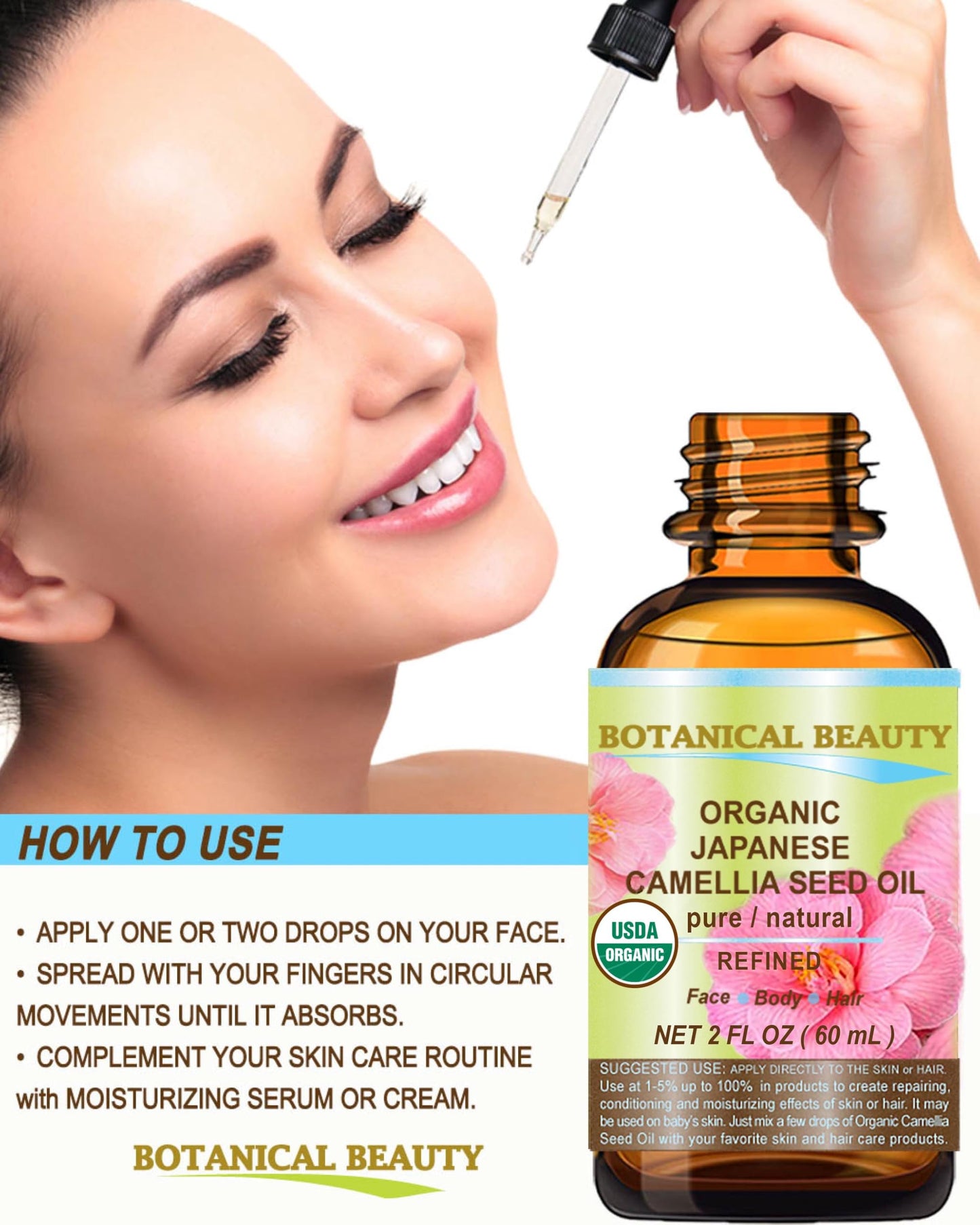 Botanical Beauty Japanese ORGANIC CAMELLIA Seed Oil. 100% Pure Natural Undiluted Refined Cold Pressed Carrier Oil to revitalize and rejuvenate the