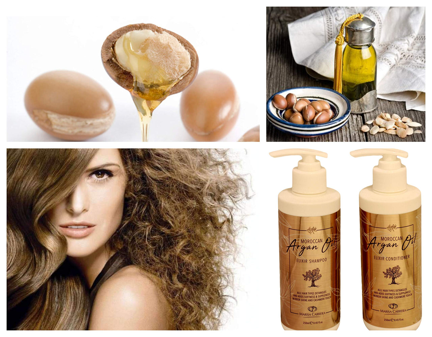 Marisa Carrera Moroccan Argan Oil Elixir Shampoo & Conditioner. Volumizing & Moisturizing, Gentle on Curly & Color Treated Hair, for Men & Women.250