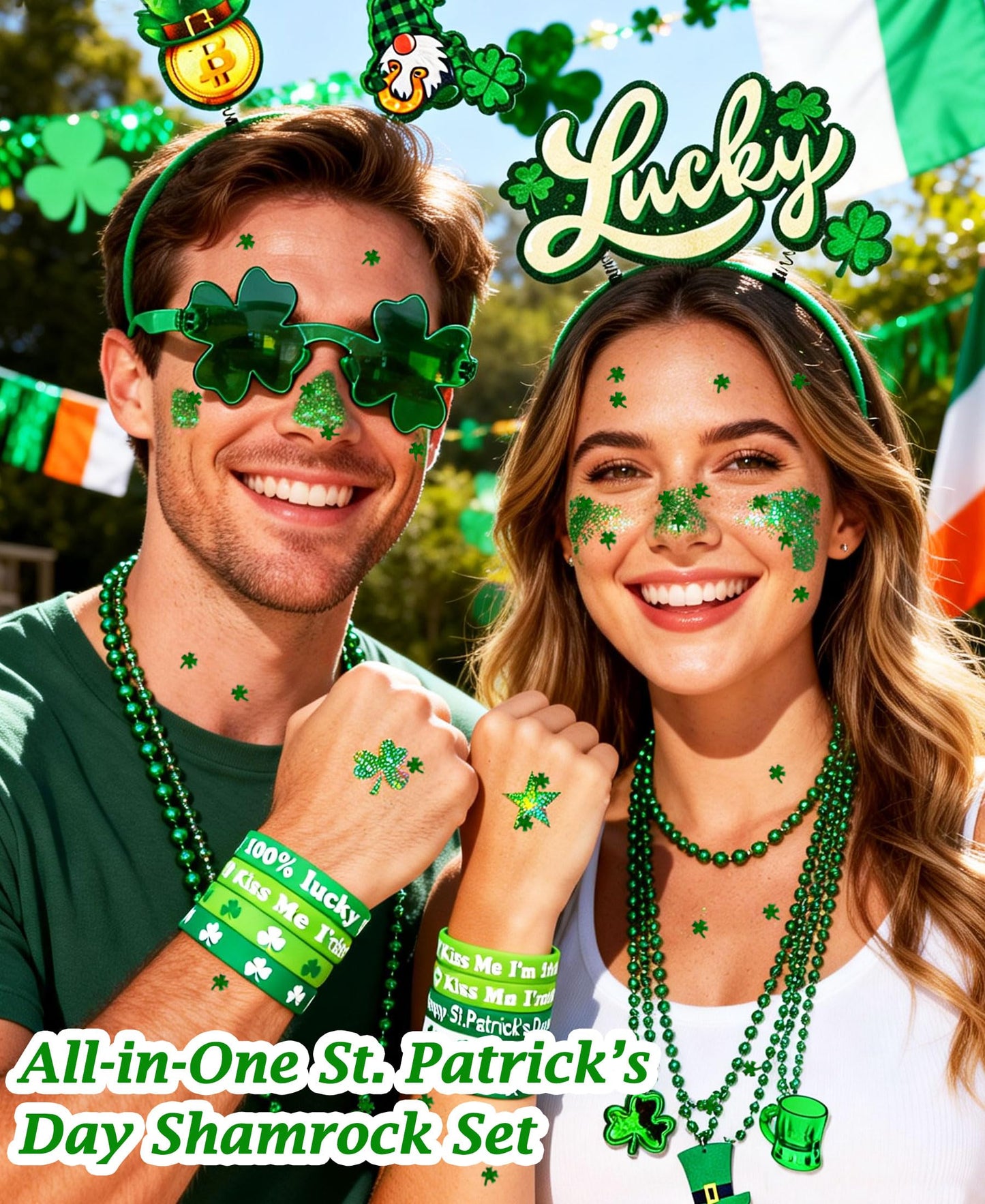 Qaeshi 117 Pcs St Patricks Day All-in-One Accessories Kit, Skin-Friendly Custom Shamrock Green Glitter Gel Irish Party Favors Supplies Shamrock