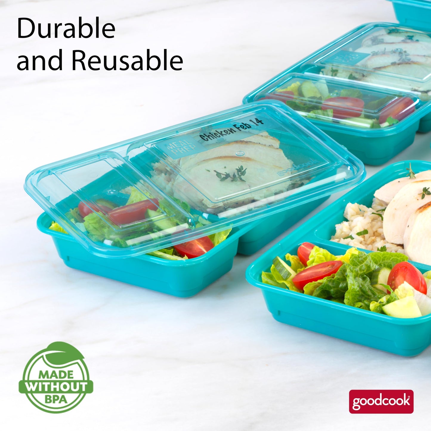 GoodCook Meal Prep Rectangle Two Compartment 20-Piece, Teal, Made without BPA