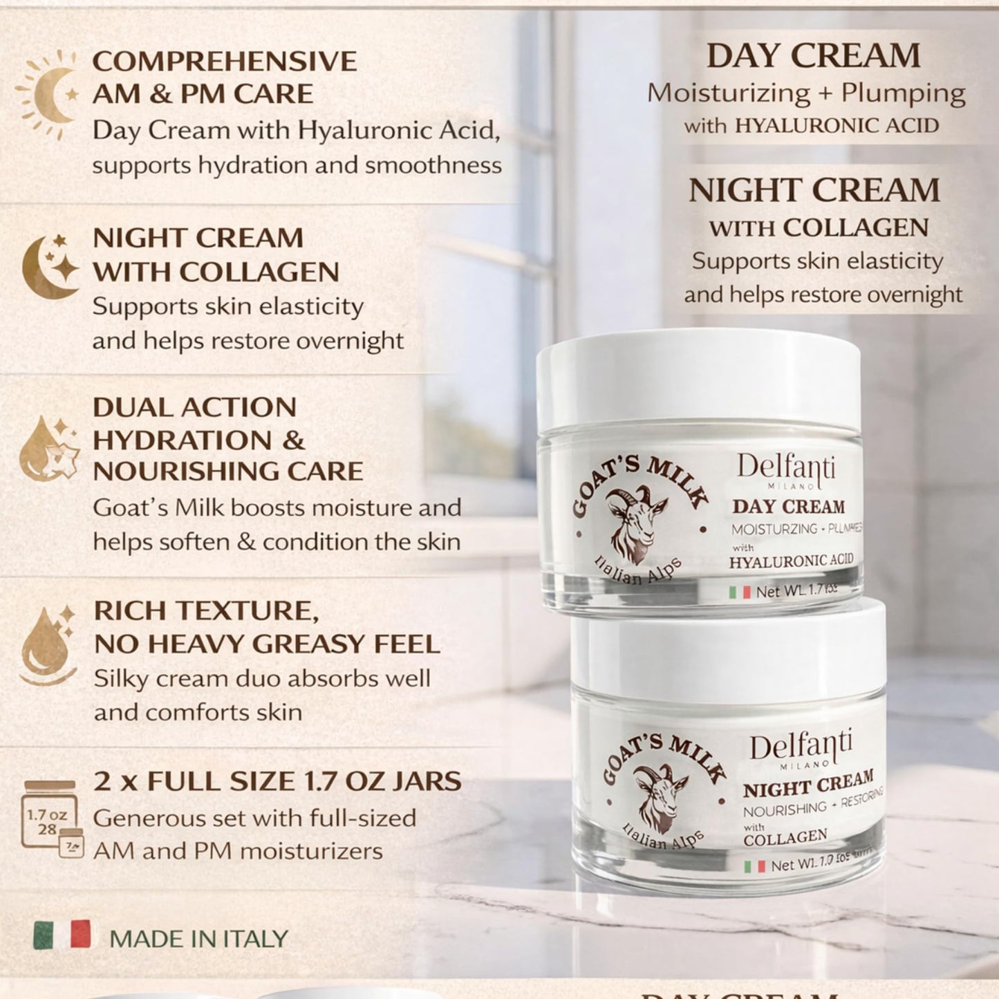 Delfanti-Milano • FULL SIZE DUO PACK • GOAT'S MILK with HYALURONIC ACID Day Cream and GOAT'S MILK with COLLAGEN Night Cream • Face and Neck