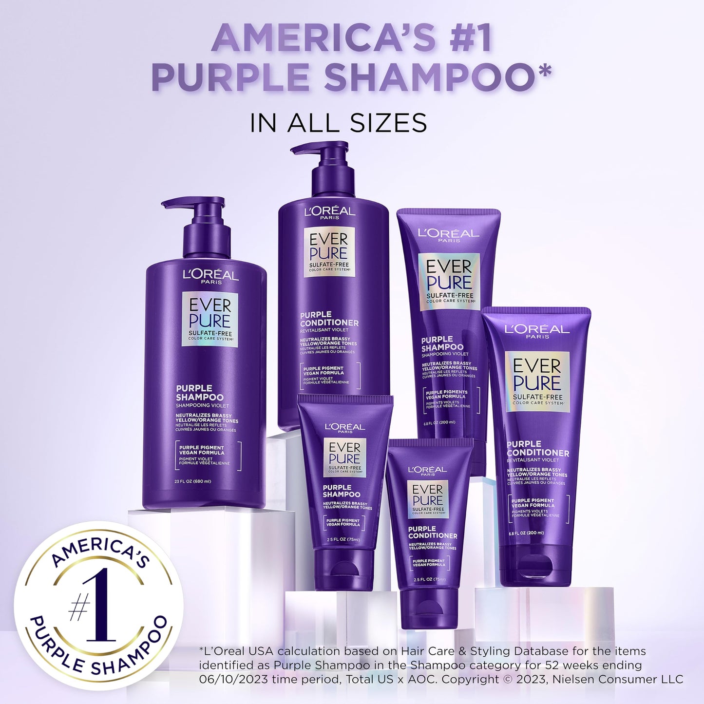 L’Oreal Paris Sulfate Free Brass Toning Purple Shampoo for Blonde, Bleached, Silver, or Brown Highlighted Hair, EverPure, 23 Fl Oz